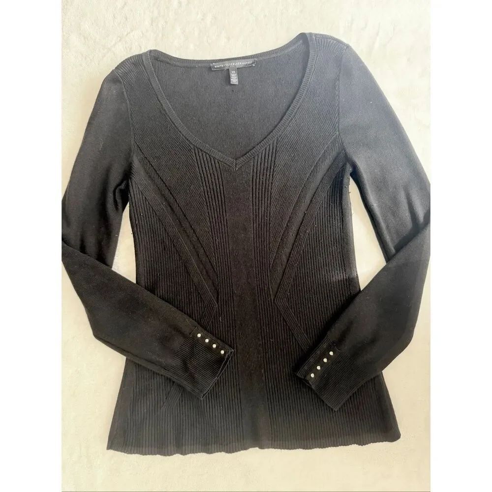 White House Black Market Black Ribbed V-Neck Sweater XS Stud Cuff Stretch Knit T
